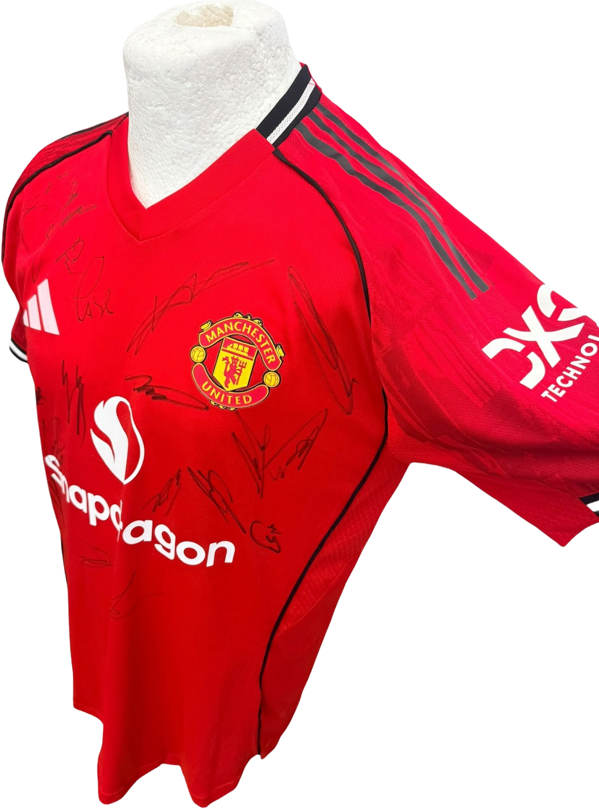 Right side view of the authentic player version Manchester United 2025/26 home shirt highlighting the sleek athletic tailoring and additional squad signatures.