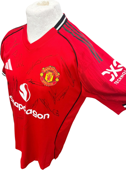 Right side view of the authentic player version Manchester United 2025/26 home shirt highlighting the sleek athletic tailoring and additional squad signatures.