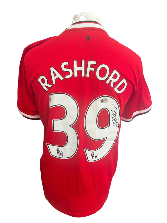 Red Manchester United home jersey from Marcus Rashford's rookie season hand-signed in permanent marker.