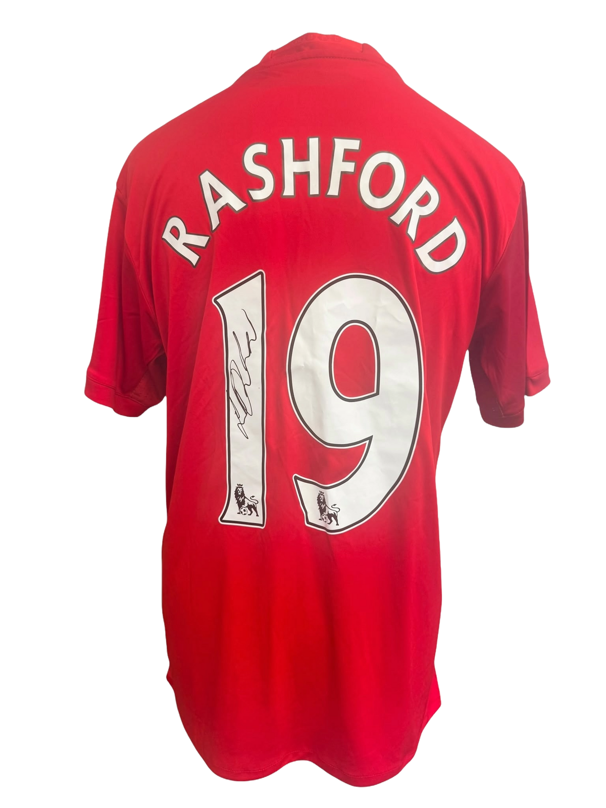 Red 2016/17 Manchester United home shirt hand-signed in permanent marker by Marcus Rashford.
