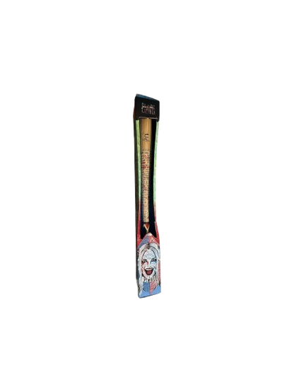 Full-length view of the authentic Margot Robbie signed Harley Quinn "Good Night" wooden replica baseball bat, showcasing the screen-accurate movie prop graphics.
