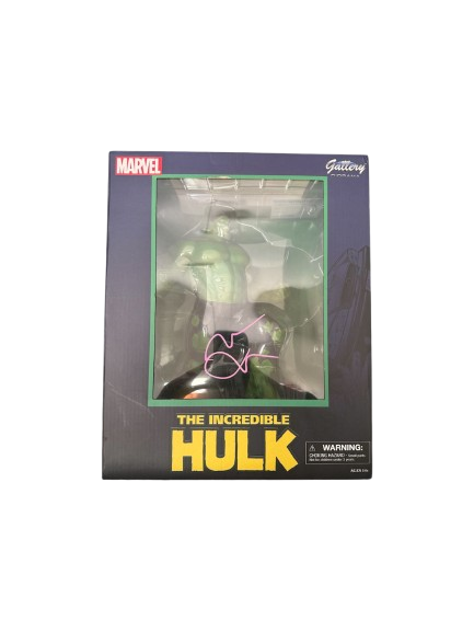 Authentic Mark Ruffalo signed Hulk action figure featuring a bold signature in silver ink on the chest of the green Marvel Cinematic Universe collectible.