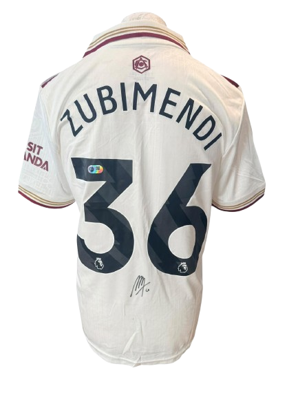Official 2025/26 Arsenal third shirt with Premier League font hand-signed by Martin Zubimendi in bold permanent ink.