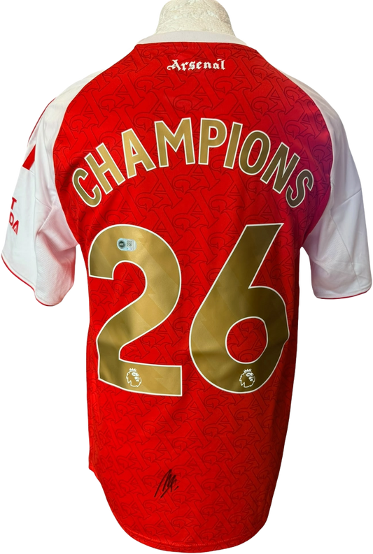 Authentic hand-signed Martin Zubimendi Arsenal shirt celebrating the 2026 Premier League championship with a clear autograph.