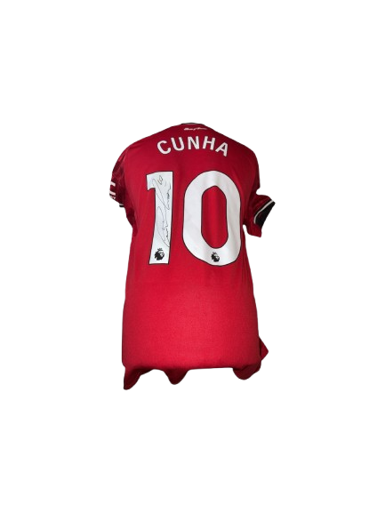 Authentic Matheus Cunha signed Manchester United home shirt 25/26 featuring a rare full autograph in black ink on the classic red jersey with Old Trafford sleeve graphics.