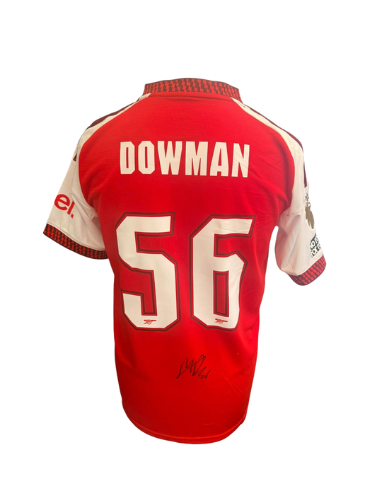 Back view of the 2026/27 Arsenal home shirt hand-signed in permanent marker directly on the back panel by Max Dowman.