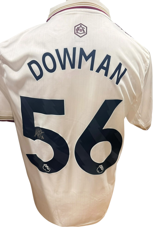 Rear view of the official Arsenal 2025/2026 third shirt signed by academy star Max Dowman, displayed alongside the Certificate of Authenticity.