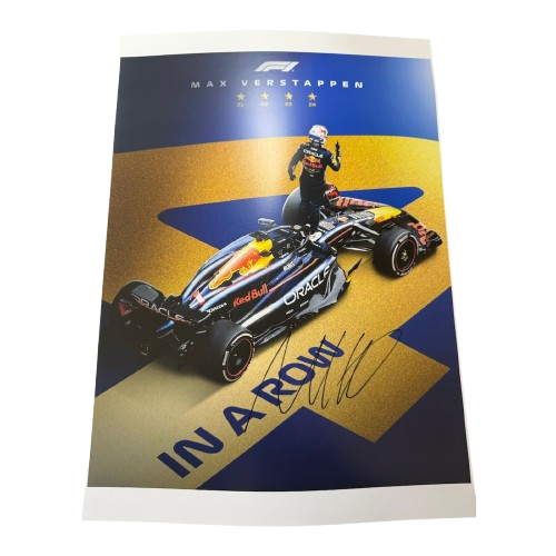 Commemorative Max Verstappen 4 In A Row poster, featuring Max standing on his Red Bull car with a "4 In A Row" background, hand-signed in silver ink.