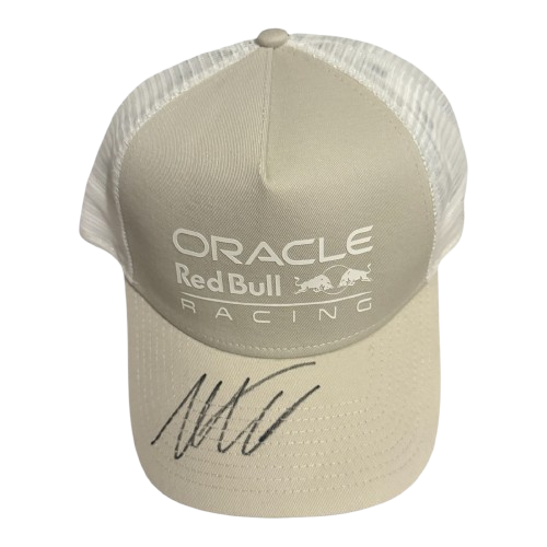 Authentic cream Oracle Red Bull Racing cap hand-signed by Max Verstappen on the peak, featuring the 2026 team livery and a Certificate of Authenticity.