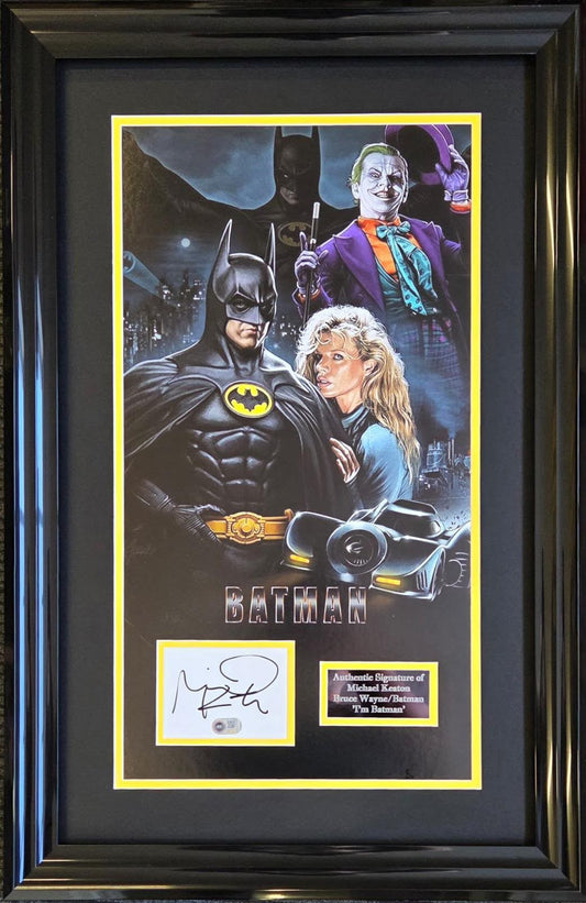 Black frame featuring 1989 Batman film artwork, a hand-signed insert by Michael Keaton, and a bespoke engraved plaque.