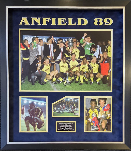 Michael Thomas signed Anfield 89 photo montage showing his historic goal against Liverpool inscribed with "what a night" in gold ink.