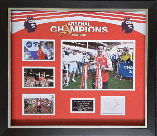 Framed Mikel Arteta Arsenal Champions Photo Montage featuring a crisp hand-signed autograph, four iconic images, a bespoke brass plaque, and a 2025/26 home shirt style background.