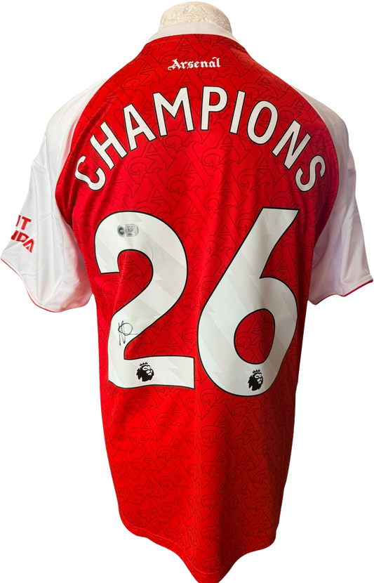 Hand-signed Mikel Arteta Arsenal Home Shirt celebrating the 2026 Premier League championship with a clean autograph on the chest.