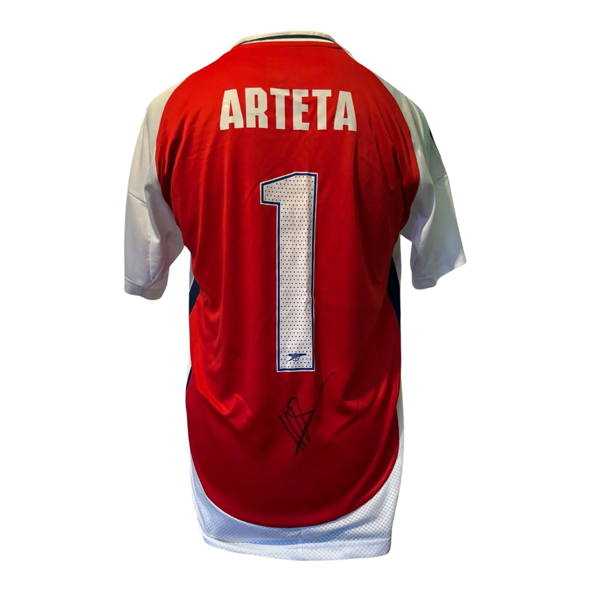 Authentic hand-signed Mikel Arteta Arsenal 24/25 home shirt featuring the Official Club Font.