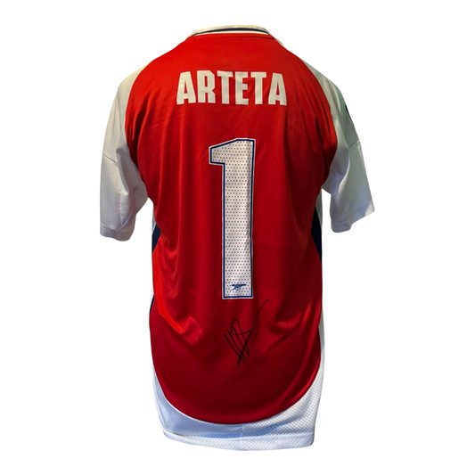Authentic hand-signed Mikel Arteta Arsenal 24/25 home shirt featuring the Official Club Font.