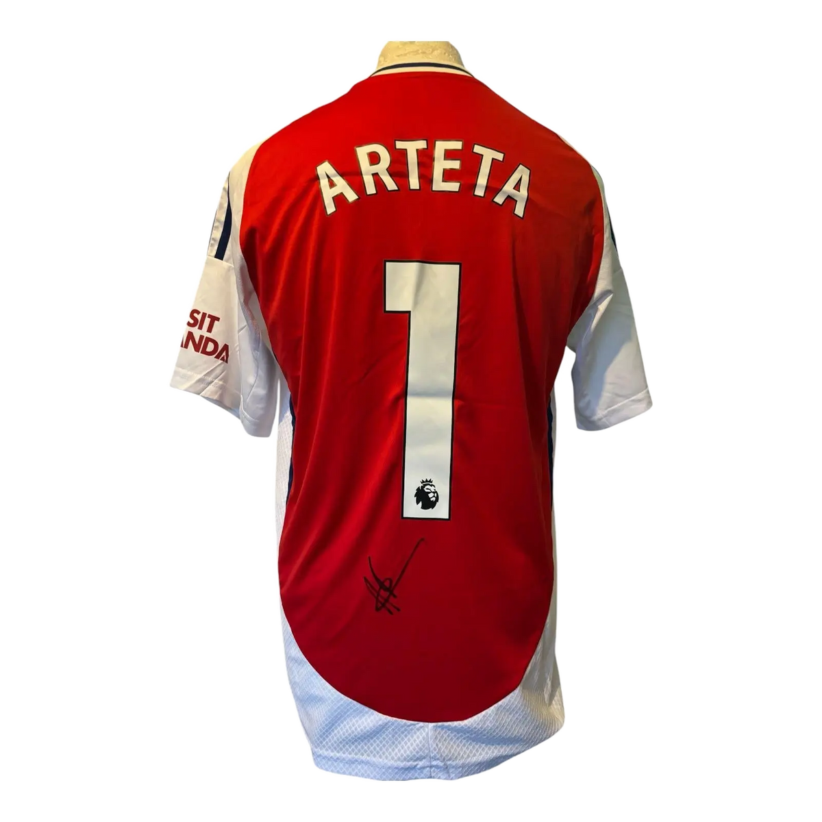 Authentic hand-signed Mikel Arteta Arsenal 24/25 home shirt with official Premier League font.