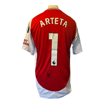 Authentic hand-signed Mikel Arteta Arsenal 24/25 home shirt with official Premier League font.