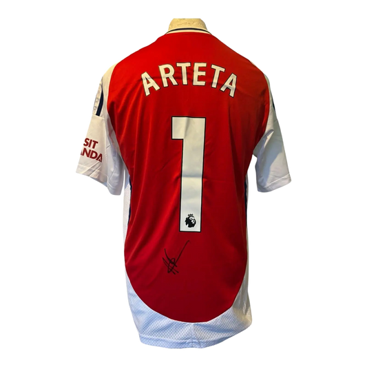 Authentic hand-signed Mikel Arteta Arsenal 24/25 home shirt with official Premier League font.