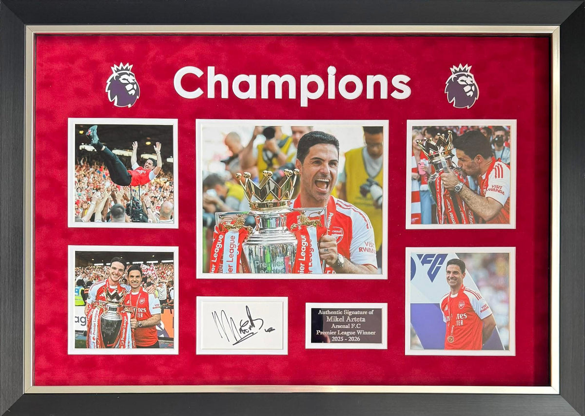 Authentic Mikel Arteta signed photo montage with Champions header celebrating Arsenal's 2025/26 Premier League title win. Includes full lifetime COA.