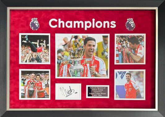 Authentic Mikel Arteta signed photo montage with Champions header celebrating Arsenal's 2025/26 Premier League title win. Includes full lifetime COA.