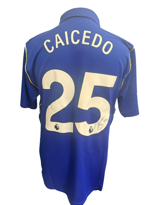 Back view of a 2026/27 Chelsea home shirt hand-signed in permanent marker by Moises Caicedo.