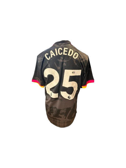 Official Chelsea third shirt hand-signed by midfielder Moises Caicedo in bold permanent ink.