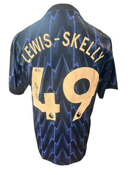 Official 2025/26 Arsenal away shirt hand-signed by Myles Lewis-Skelly in bold permanent ink.