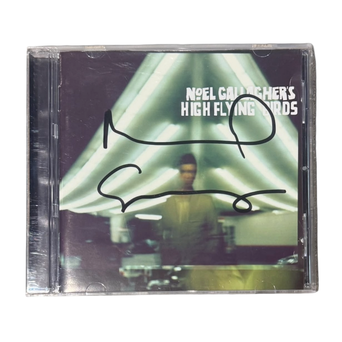 Signed Noel Gallagher High Flying Birds debut album CD case featuring a bold hand-signed autograph on the front jewel case cover