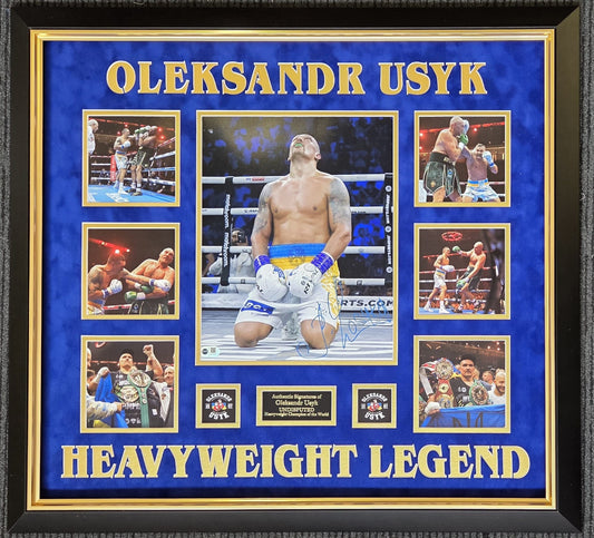Front view of a multi-photo montage hand-signed on the main central photo by heavyweight boxing legend Oleksandr Usyk, displayed alongside the Certificate of Authenticity.