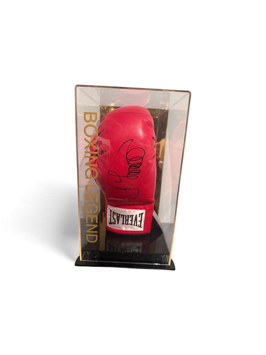 A professional-grade boxing glove hand-signed by Oleksandr Usyk in bold silver ink, housed inside a premium mirrored acrylic display case with a Limelight Memorabilia COA.