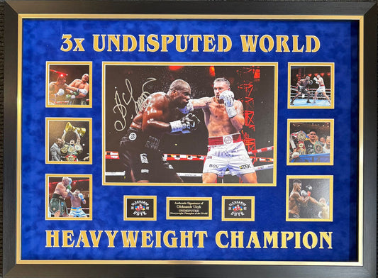 Authentic Oleksandr Usyk hand-signed photo montage showing his victory over Daniel Dubois with a gold autograph and a bespoke plaque.