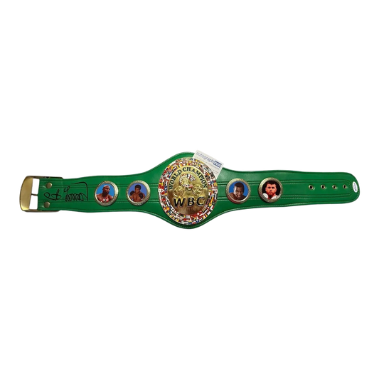 A medium-size green and gold WBC World Title boxing belt hand-signed by Oleksandr Usyk in silver permanent marker on the central plate, shown with a Limelight Memorabilia COA.
