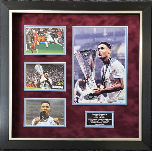 Authentic hand-signed Ollie Watkins Aston Villa Europa League Winners Photo Montage with a bold autograph on the main image and an engraved bespoke plaque.