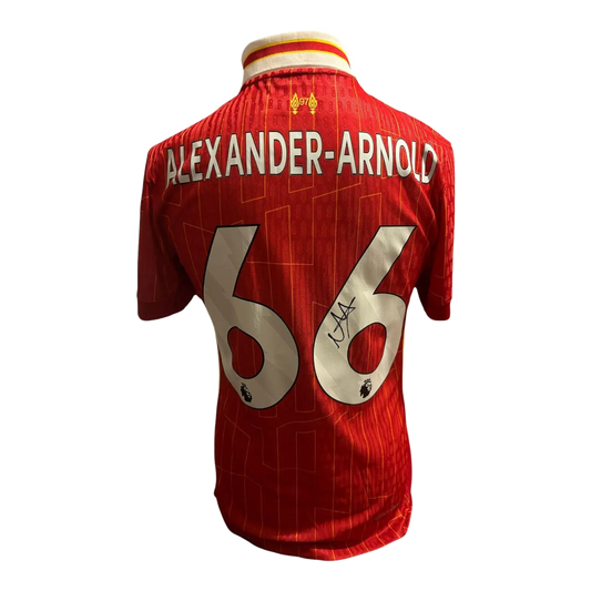 Hand-signed Trent Alexander-Arnold Liverpool FC 2024/25 home shirt featuring his autograph in black ink on the iconic pinstripe retro jersey.