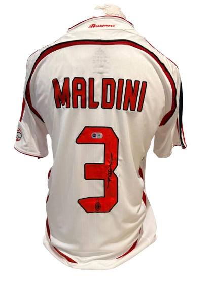 Reverse view of the 2006/07 AC Milan shirt with number 3, hand-signed by Paolo Maldini in bold permanent ink.