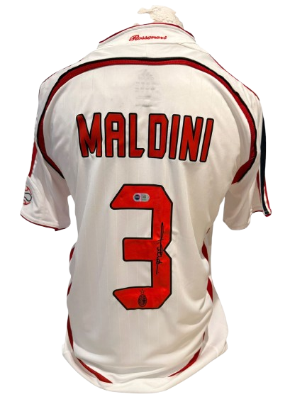 Reverse view of the 2006/07 AC Milan shirt with number 3, hand-signed by Paolo Maldini in bold permanent ink.
