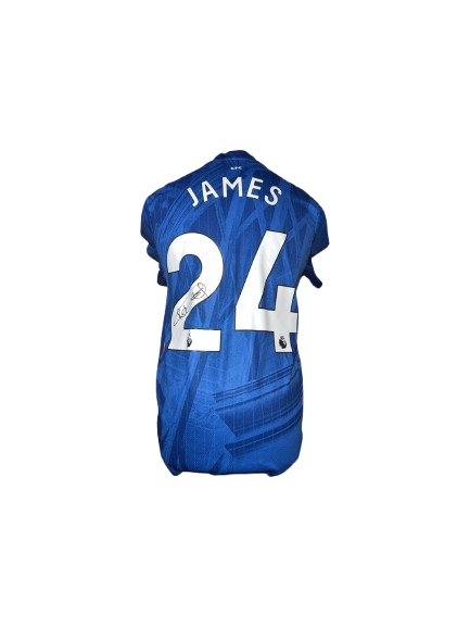 Authentic Reece James signed Chelsea home shirt 25/26 featuring a bold black signature on the "Rush Blue" jersey with architectural London-inspired patterns.