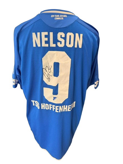 Official blue TSG 1899 Hoffenheim shirt hand-signed by Reiss Nelson in bold permanent ink