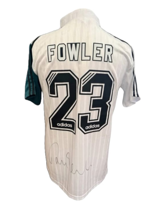 Rear view of the signed Robbie Fowler Liverpool retro away shirt 1995/96 displaying the green and white quartered design with a hand-signed autograph