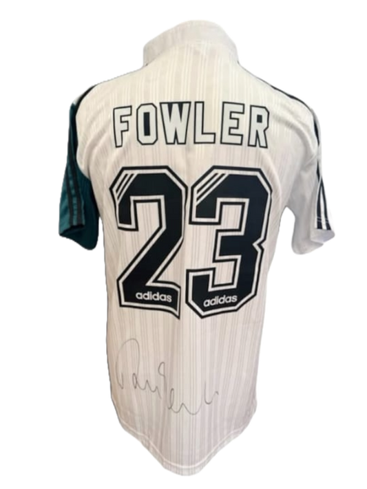 Rear view of the signed Robbie Fowler Liverpool retro away shirt 1995/96 displaying the green and white quartered design with a hand-signed autograph
