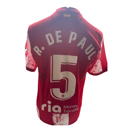 Hand-signed Rodrigo De Paul Atletico Madrid home shirt with a Certificate of Authenticity.