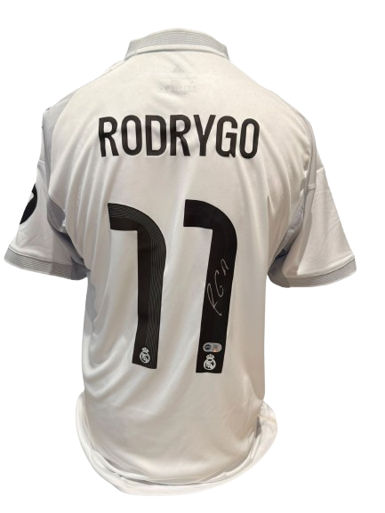 Official Real Madrid home shirt hand-signed by forward Rodrygo Goes in bold permanent ink.