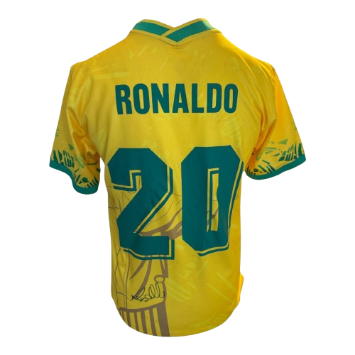 Authentic hand-signed Ronaldo Nazario R9 Brazil 1994 World Cup shirt with bold autograph.