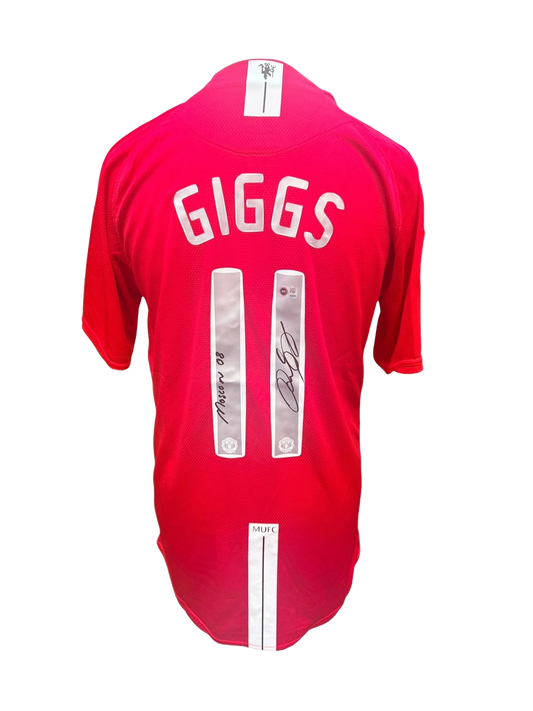Back view of a 2007/08 Manchester United home shirt hand-signed directly on the squad number with a Moscow 08 inscription by Ryan Giggs.