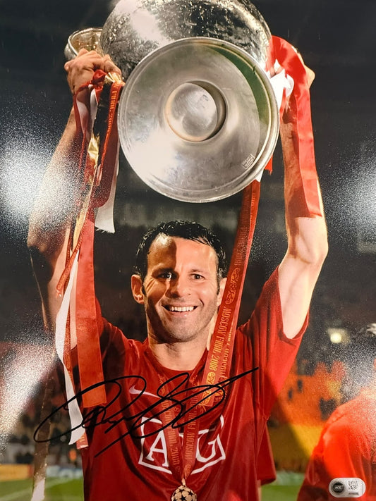 Ryan Giggs lifting the UEFA Champions League trophy with Manchester United, hand-signed in permanent marker.