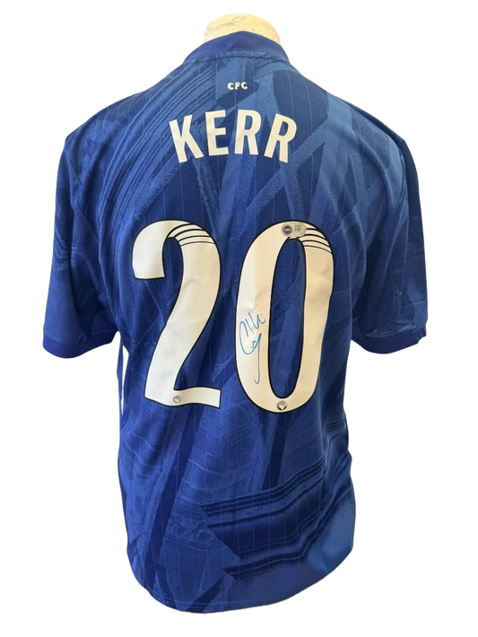 Back view of a 2025/26 Chelsea Women home shirt hand-signed in blue ink directly on the squad number by Sam Kerr.