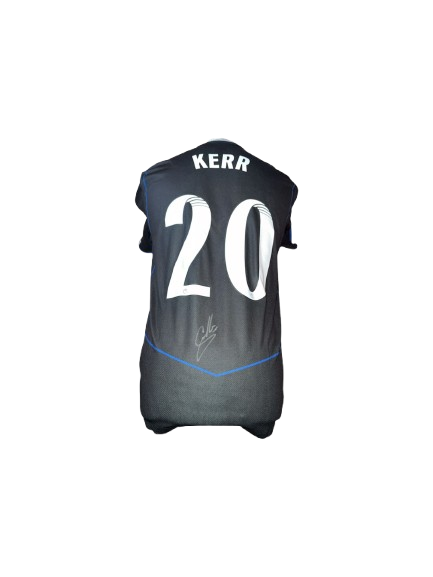 Authentic Sam Kerr signed Chelsea Women third shirt 25/26 featuring a bold black signature on the black and silver Nike Total 90 revival jersey with blue trim.