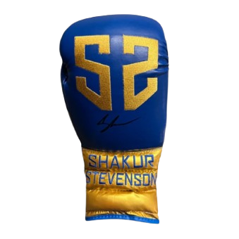 A bespoke custom-designed boxing glove hand-signed by Shakur Stevenson, featuring unique colours and a Certificate of Authenticity.