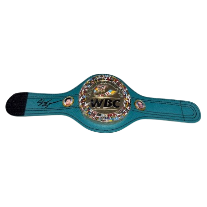 A high-quality green WBC mini championship belt hand-signed in silver ink by Shakur Stevenson, complete with Certificate of Authenticity.
