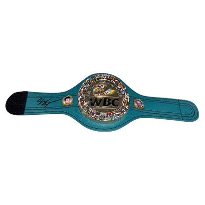 A high-quality green WBC mini championship belt hand-signed in silver ink by Shakur Stevenson, complete with Certificate of Authenticity.